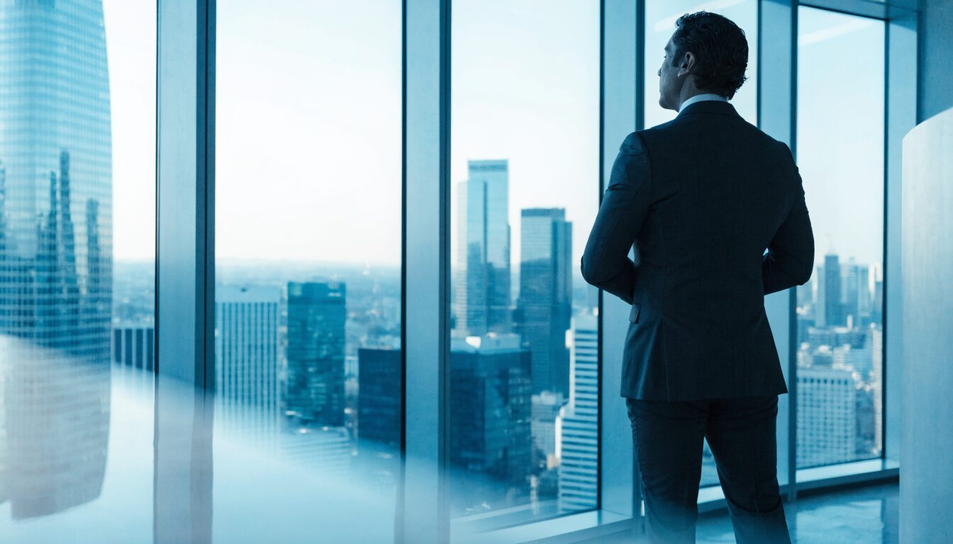 Directivo con visión de futuro observando el horizonte de la ciudad